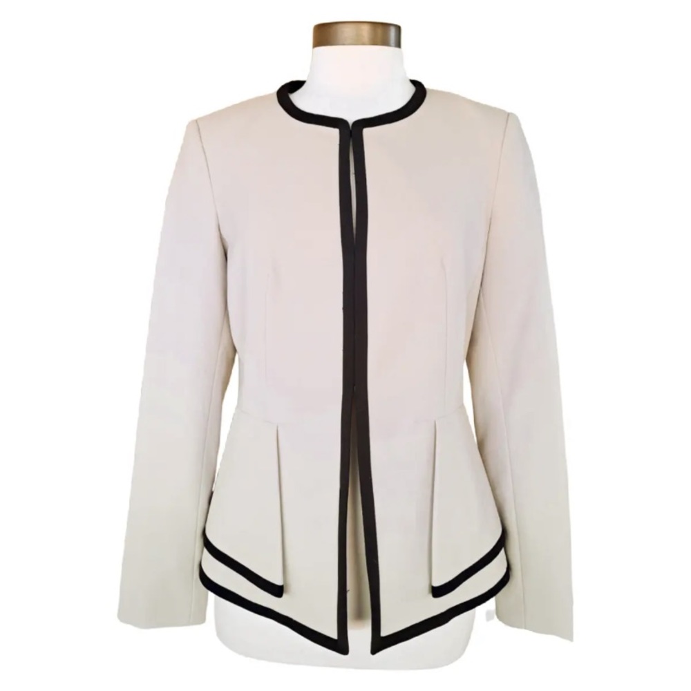White Petite Size Calvin Klein Collarless Contrast Trim Jacket Blazer